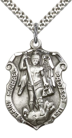 STERLING SILVER ST MICHAEL PENDANT ON A CHAIN - 1 1/4" x 3/4"